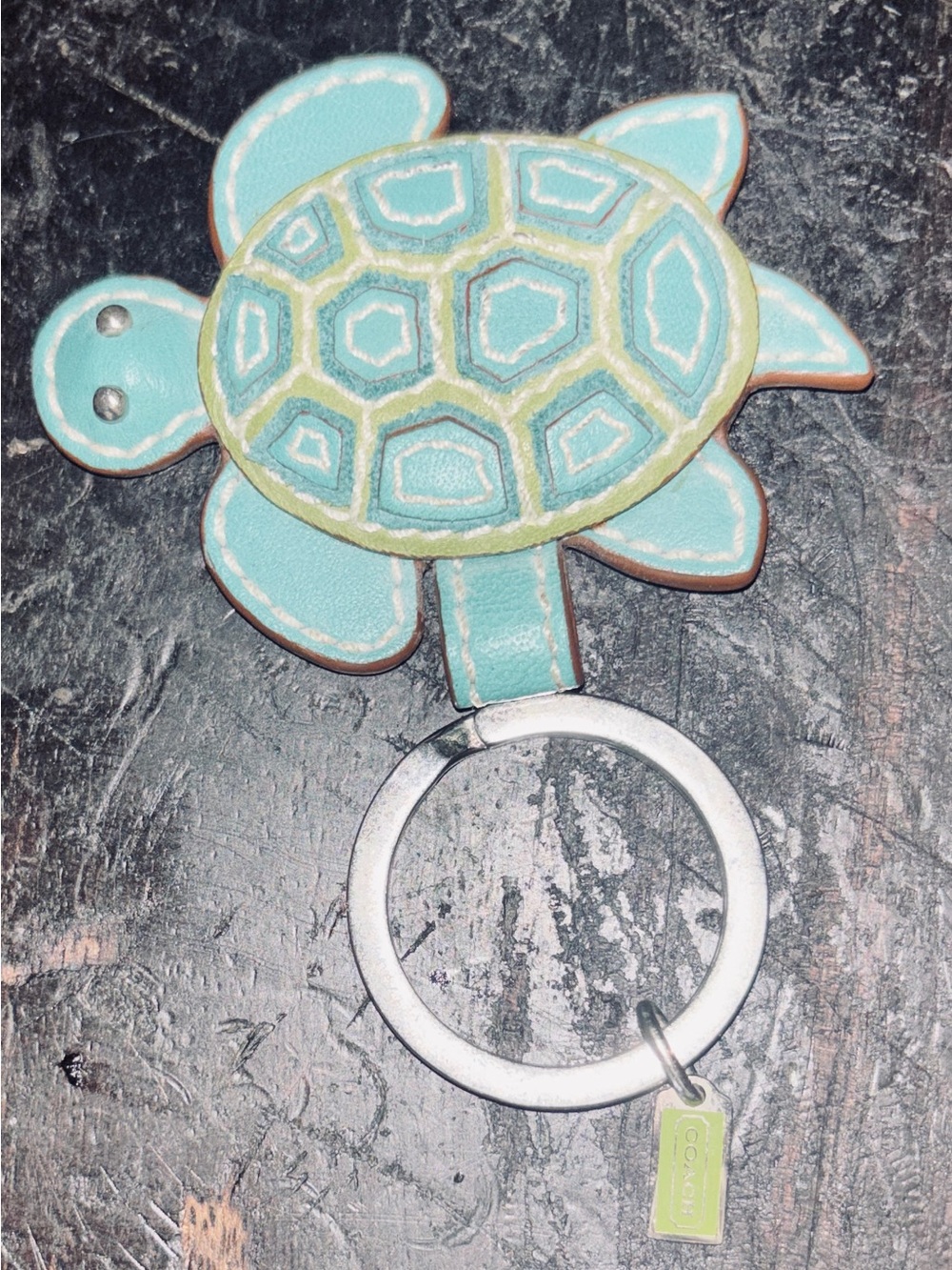 Coach Teal Turtle Leather Key Ring